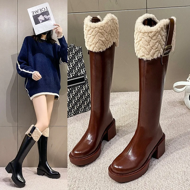 Knee Long Boots Plush Women's Heels Shoes Square Heel Belt Buckle Snow Boots for Women Warm Plus Velvet Woman 2024 Western Boots