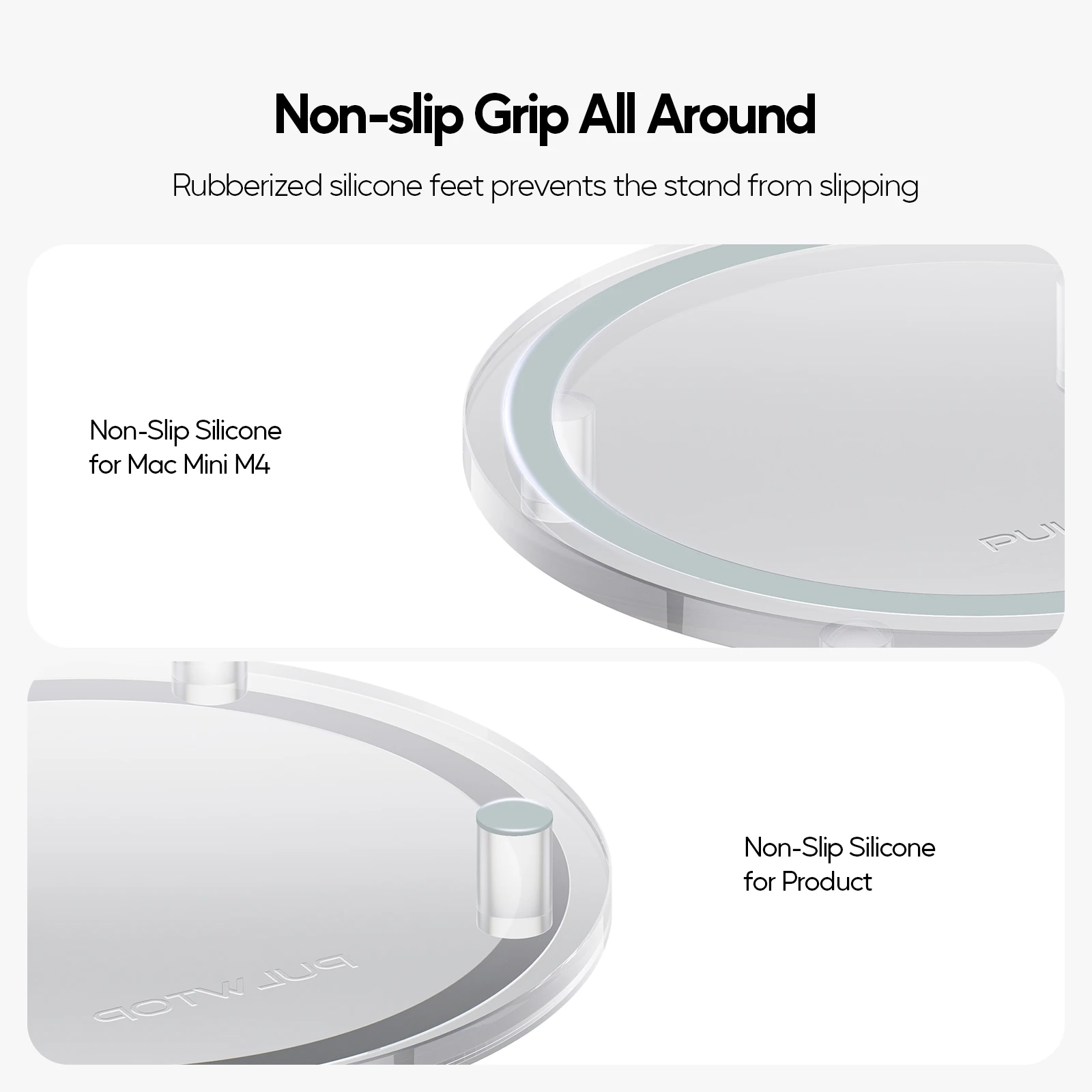 PULWTOP 투명 아크릴 데스크 스탠드, 간편한 전원 버튼 접근 기능이 있는 미니멀리스트 M4 홀더, Mac Mini M4/M4 Pro용 미끄럼 방지 베이스