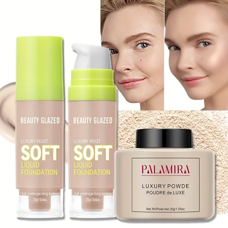 Beauty Glazed Matte Liquid Foundation & Loose Powder Set Full Coverage Long-Lasting Oil Control Moisturizing Loose Powder