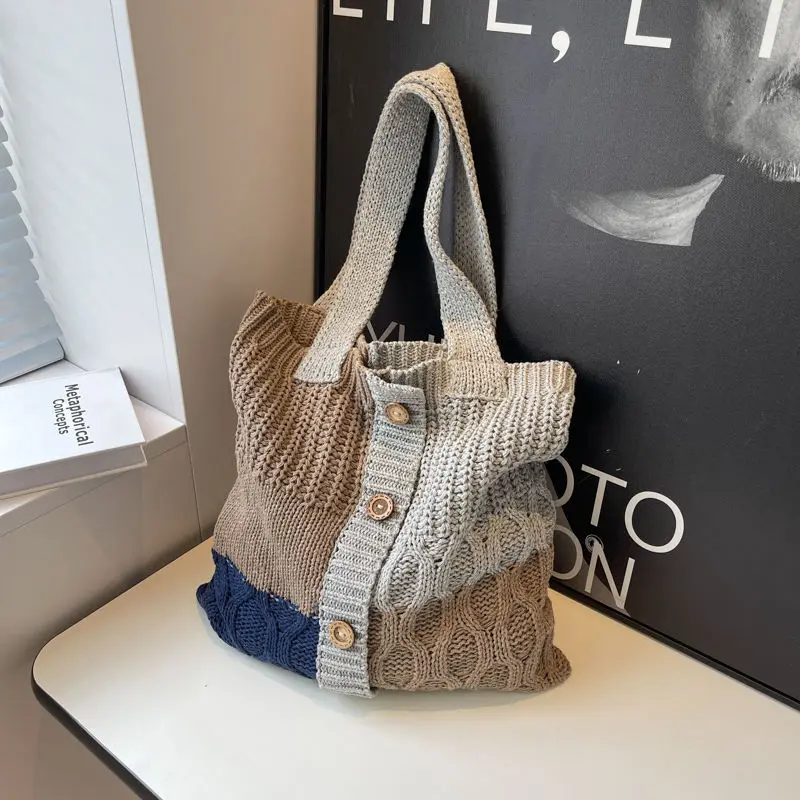 

Woolen woven bag Korean style French knitted contrast color women's bag 2023 new patchwork single shoulder handmade knitting bag