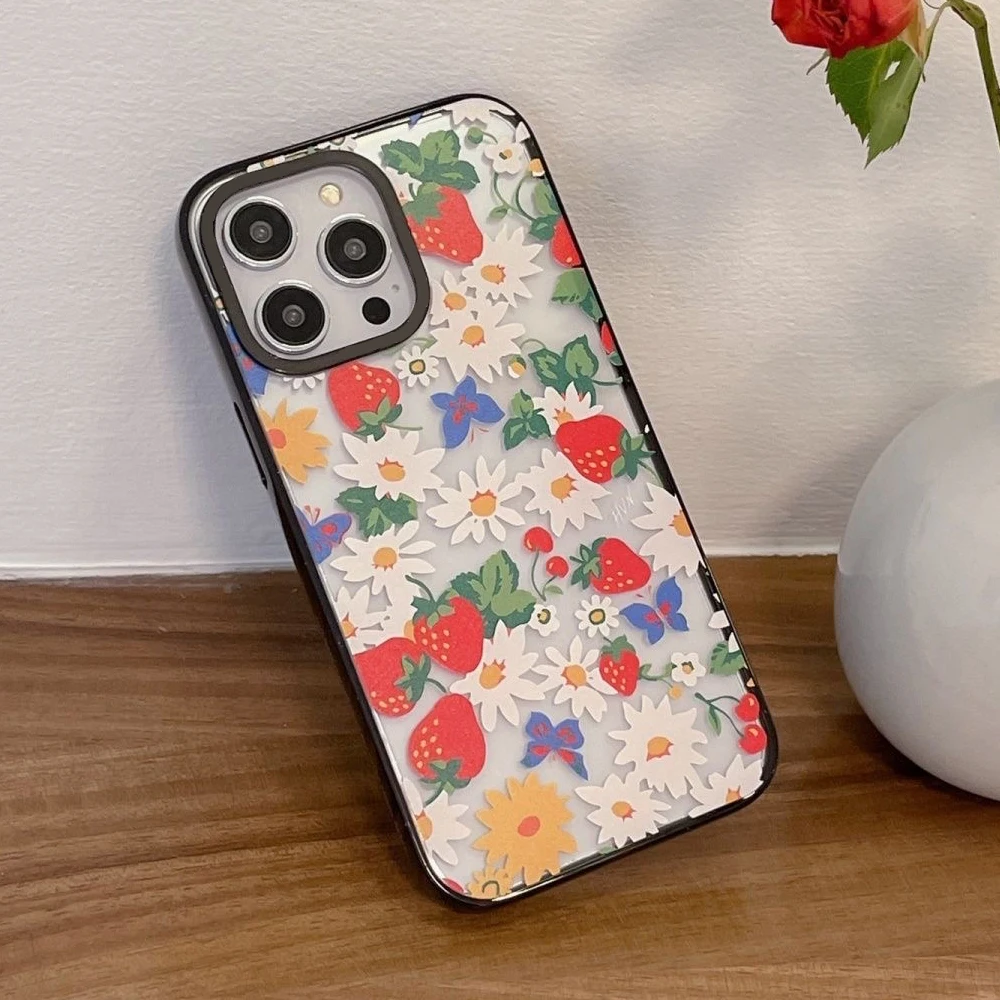 

2.0 Version Acrylic Upgrade Border Flower Strawberry Phone Case Cover for IPhone 11 12 13 14 15 Pro Max Case for IPhone 15 Pro