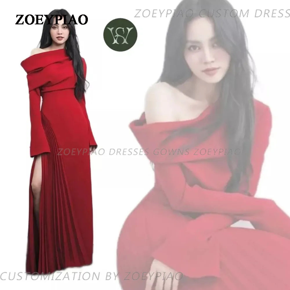 

2024 Robe De Soiree Red Mermaid Evening Dresses Gowns Full Sleeves Side Slit Matte Satin Vestidos Para Fiesta De Día Y Noche