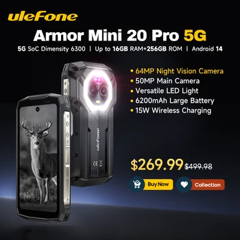 Ulefone Armor Mini 20 Pro 4.7" Rugged Phone 5G Smartphone Android 14 6200mAh 16GB(8+8) 256GB 64MP Night Vision 33W Fast Charge