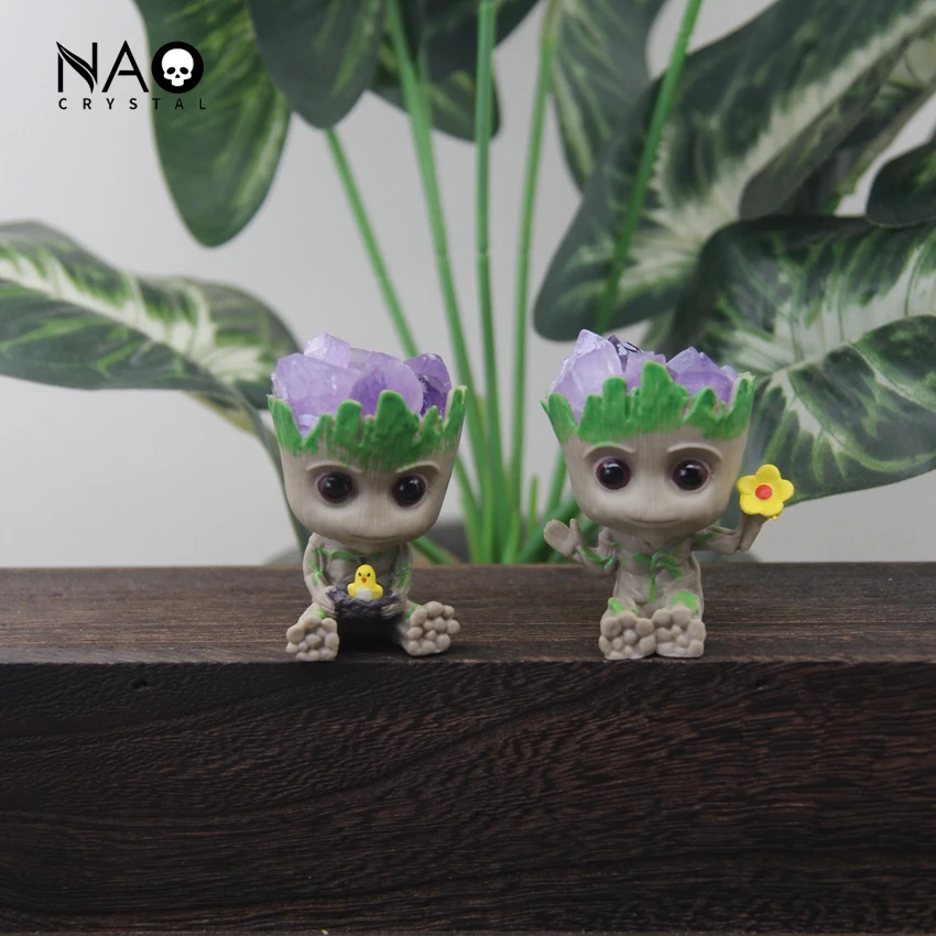 2 "Ametiste Naturali Cluster Elf Doll Statue, Guarigione Cristallo Quarzo Drusy Druzy Cute Troll Cartoon Figurine Home Decor Regali