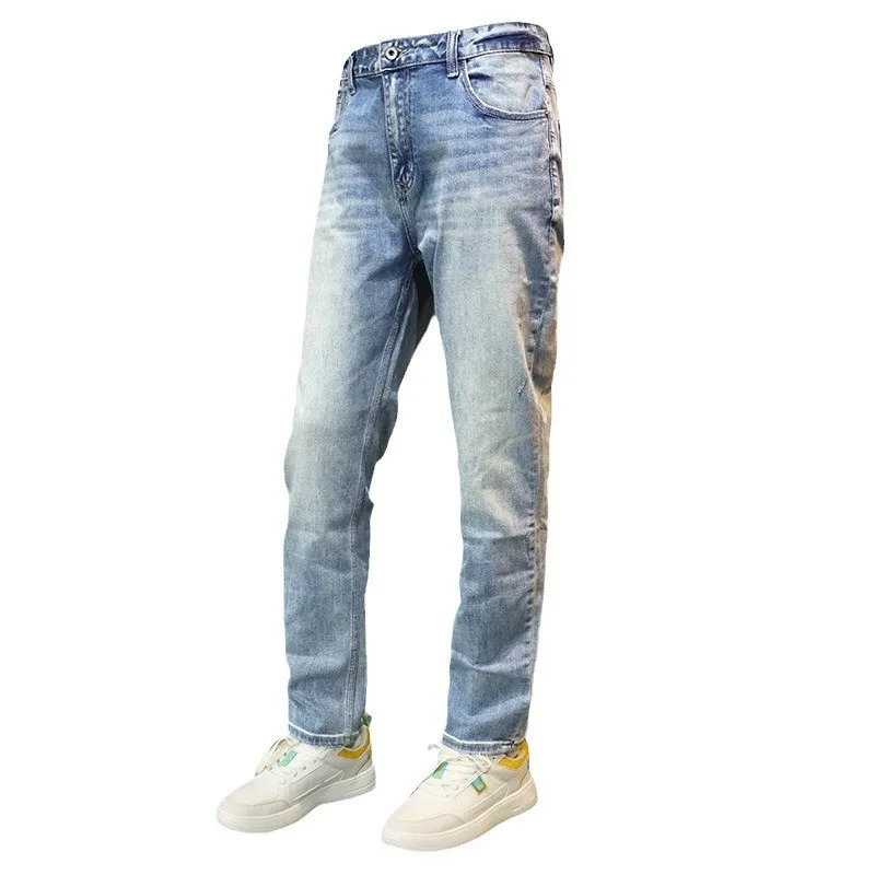 Fashionable men's jeans retro light blue elastic slim fit slit jeans men's high-quality retro designer casual classical denim pa