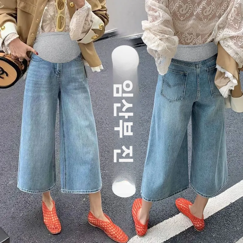 임산부용 청바지 루즈핏 와이드 레그 팬츠 플러스 사이즈 여름옷 작은 복부 지지 팬츠 면 폴리에스터 사계절용