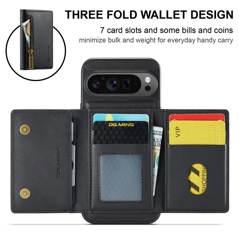 DG.MING Magnetic Leather Wallet Phone Case with Detachable Card Pocket and Wireless Charging Compatibility