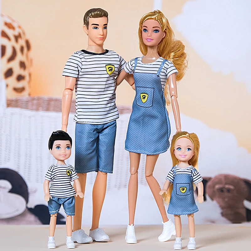 30cm Family Doll Mom Dad Ken and Kids 4 Dolls Set Play House Toy 1/6 Doll Toy for Girls Boys Birthday Gift 4