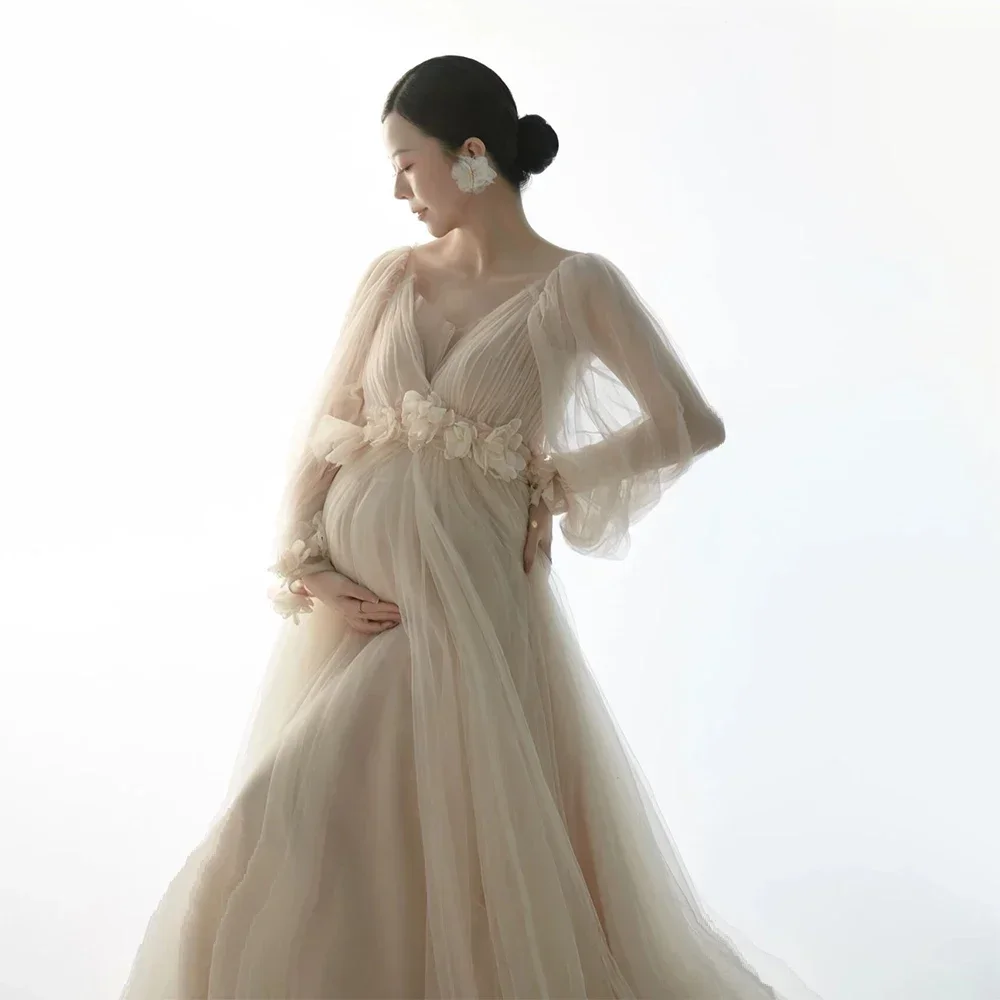 

Mesh Maternity Dresses For Photo Shoot Long Sleeve Tulle Floral Maxi Gowns Pregnant Women Photography Pregnancy Shooting Dress