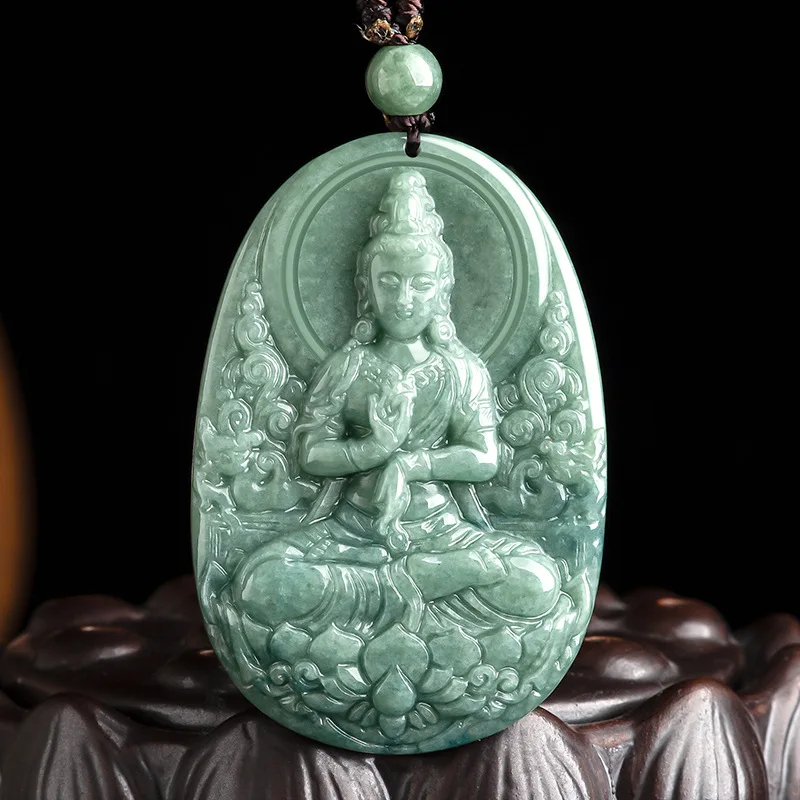 

Mai Chuang/ Natural Jade Lotus Guanyin Emerald Necklace Pendant Hand-carved Men and Women Fine Jewelry Amulet Send Certificate