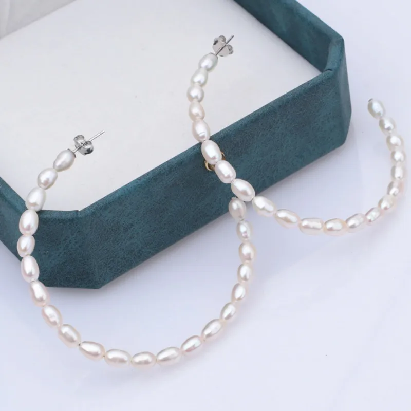 Solid 925 sterling silver stud 4 mm natural freshwater pearl big loop earrings hoop 4