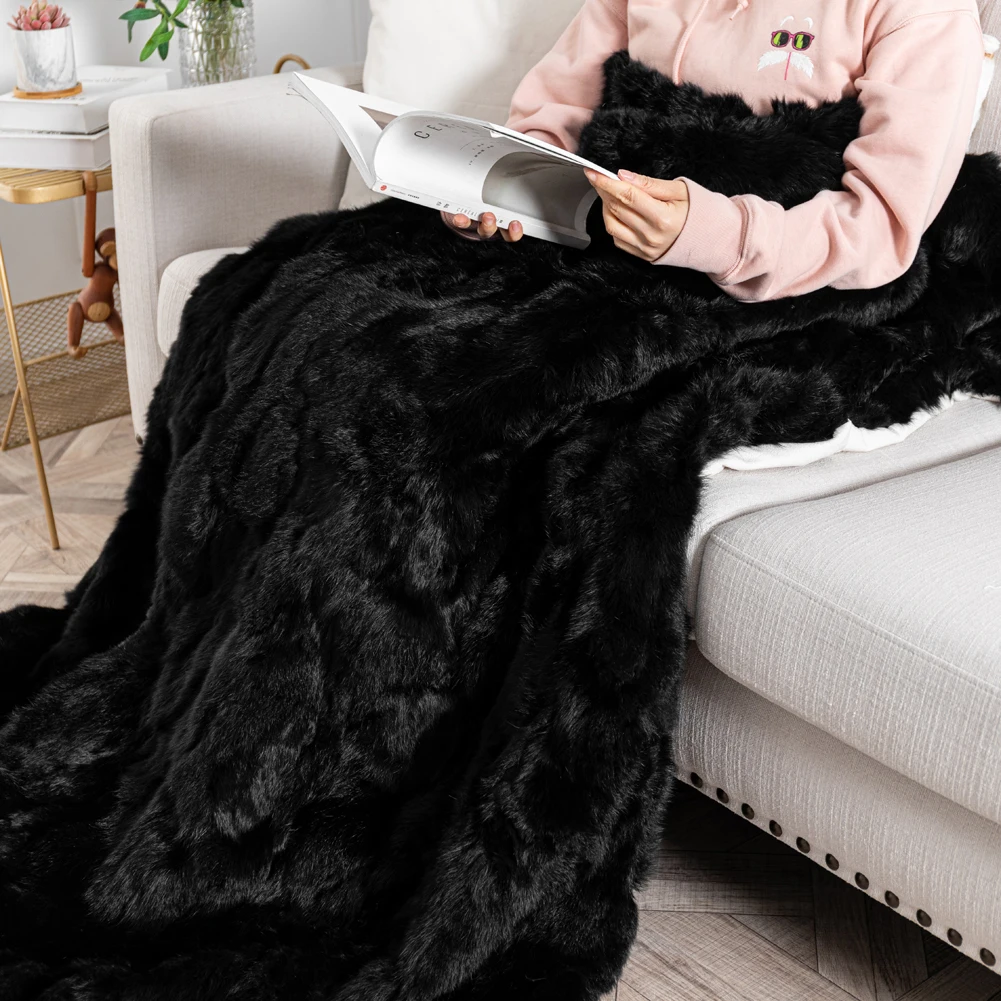 White 100% Genuine Luxury real Rabbit Fur Throw Soft Warm Bedspread Blanket King 