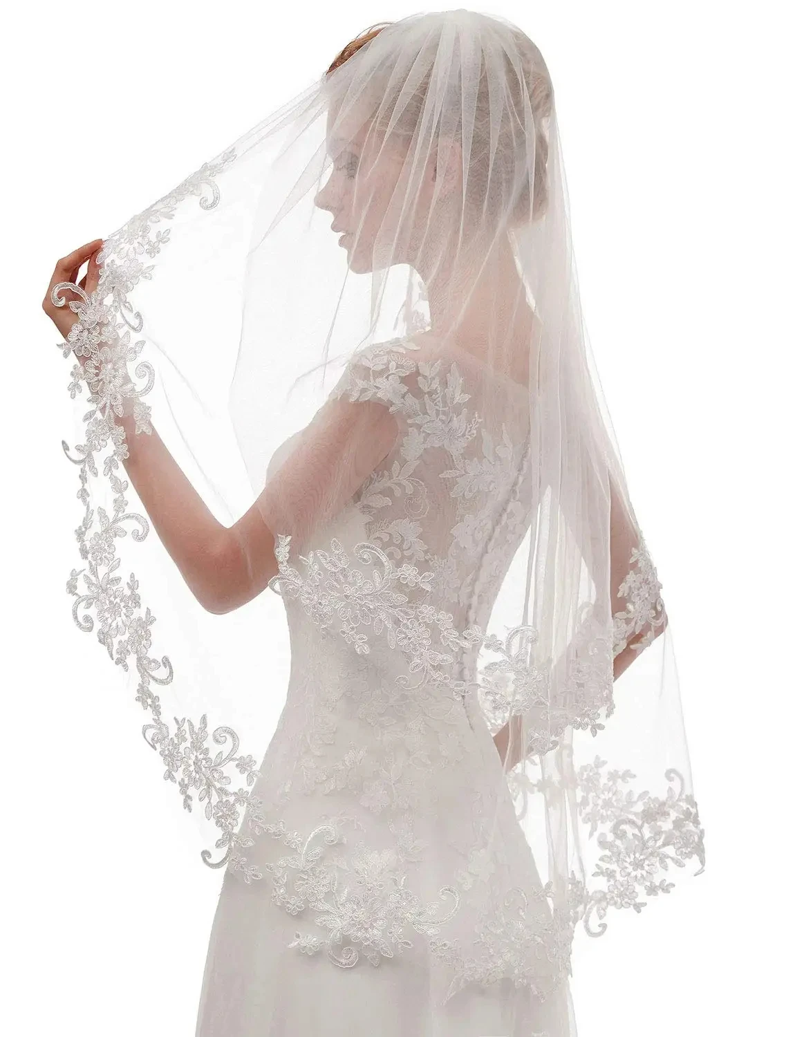 

Classic Embroidery Lace Fingertip Length Bridal Veil White Ivory Girls Lace Edge Wedding Veils with Comb