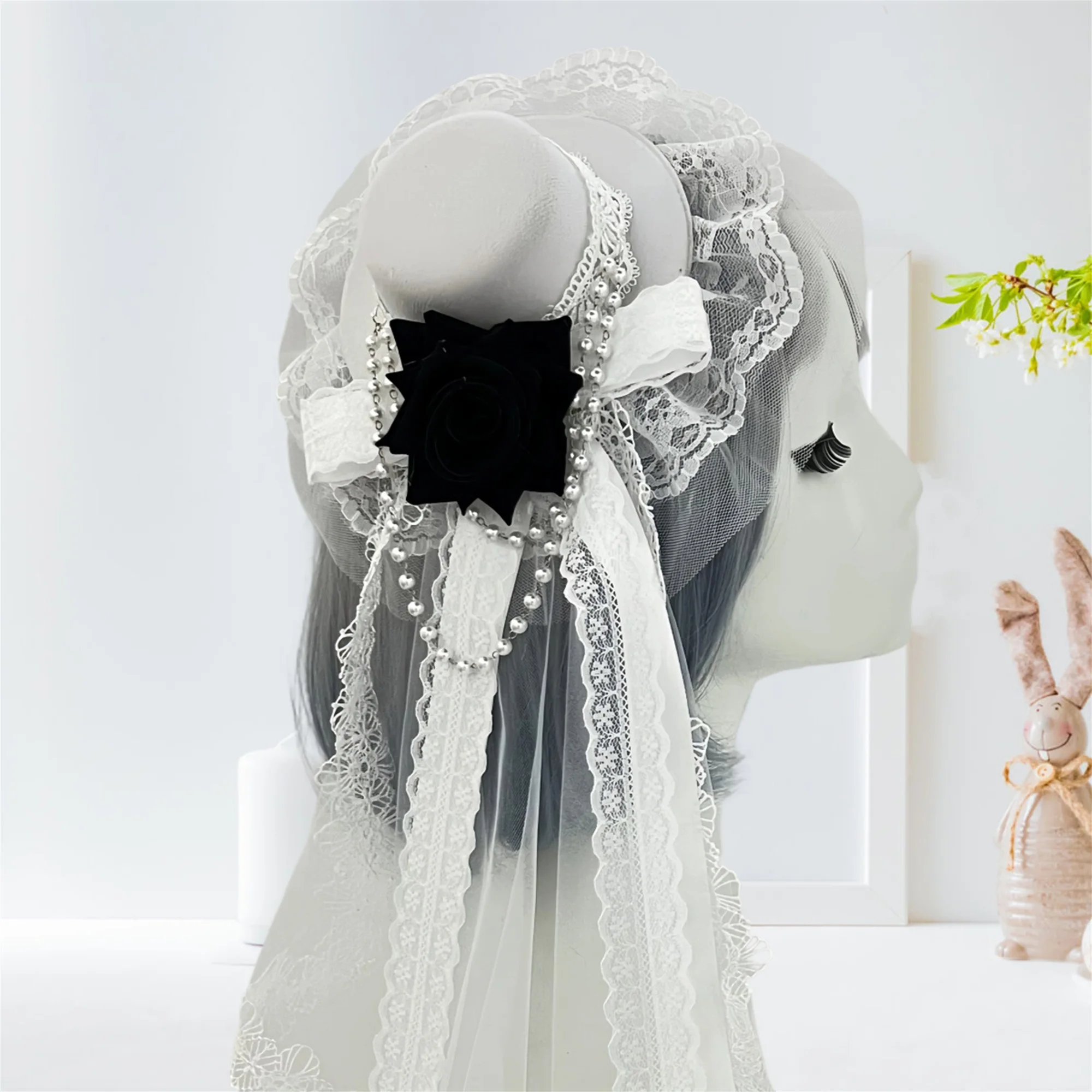 Gotischer Mini-Zylinderhut mit Clip und Rosenketten, Vintage-Haaraccessoires für Damen, für Teeparty, Halloween, Bühne, Lolita-Fedoras – Detail 4