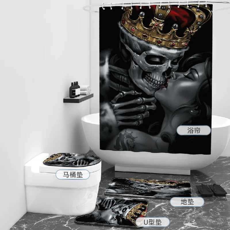 

Halloween Skull 3D Printed Bathroom Set Together Shower Curtain Rug Set Bathroom Mats Rugs Toilet Decor Mat 01