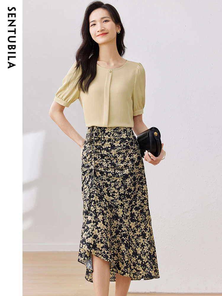 SENTUBILA Women's Floral Skirt Suit 2023 Summer Vintage Crew Neck Short Sleeve Blouse Ruched Skirt Two-piece Set Lady 132Z49799