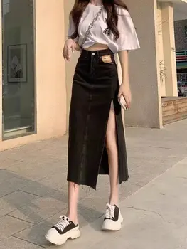 High Waist A- Line Mini Skirt Denim Design Trendy Summer Slimming Popular Mid-Length Split Half Body Skirts Casual Style