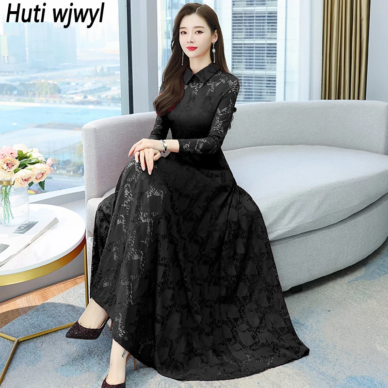 Spring Autumn Lace Sexy Maxi Dress 2024 Black Polo Collar Long