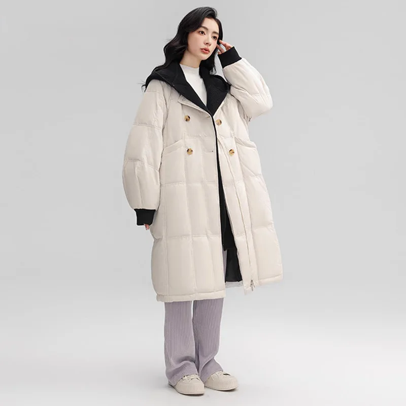 Long White Down Jacket Women's Winter Double Breasted Loose Over Knee Coat Down Jacket Detachable Knit Cap