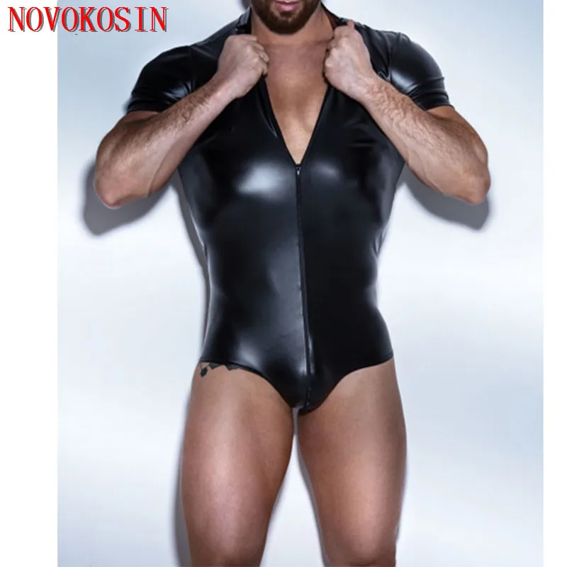 S-4XL Men Wet Look Faux Leather Bodysuit Gay Underwear Stage Dance Plus Size Short Sleeves Stripper PVC Tight Body Jumpsuit