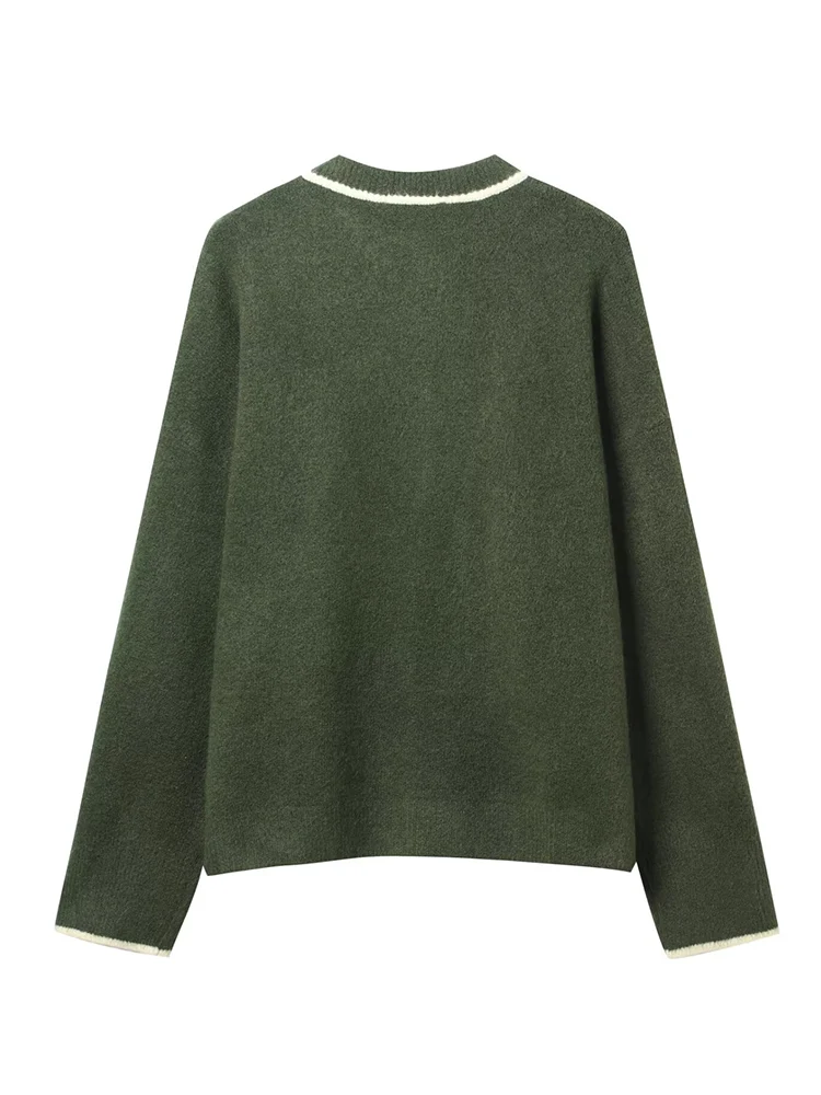 Women's Casual Knitted Cardigan O-neck Single-Breasted Contrast Knitwear 2025 Autumn Winter Chic Ladies Fashion Outerwear