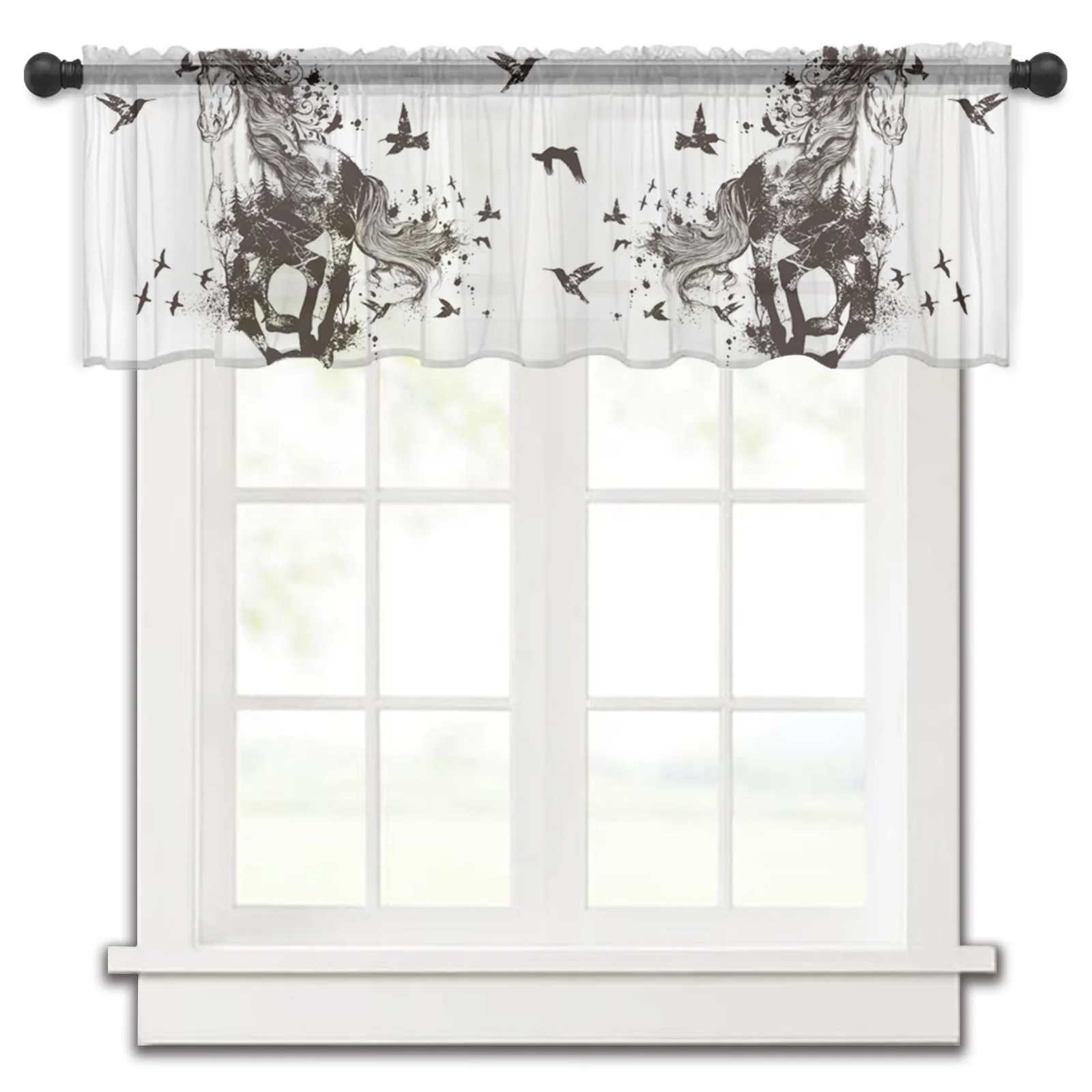 Cavallo Al Galoppo Colibrì Nero Bianco Tende Da Cucina Tulle Tenda Corta Trasparente Camera Da Letto Soggiorno Decorazioni Per La Casa Tende In Voile
