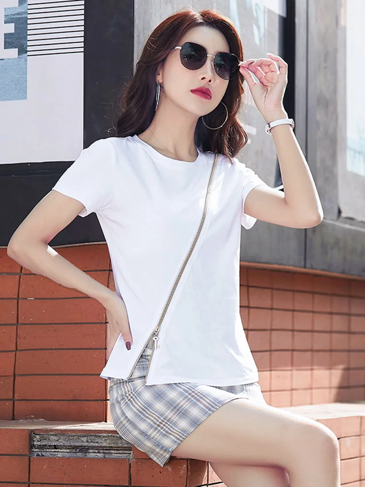 トップス AlierWHT10 New Women Cotton T-shirt Summer Fashion Zipper Design O-Neck
