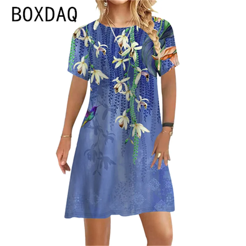 

Vintage 3D Floral Print Casual Dress Summer Short Sleeve O-Neck Loose A-Line Dress Everyday Street Fashion Elegant Mini Dress