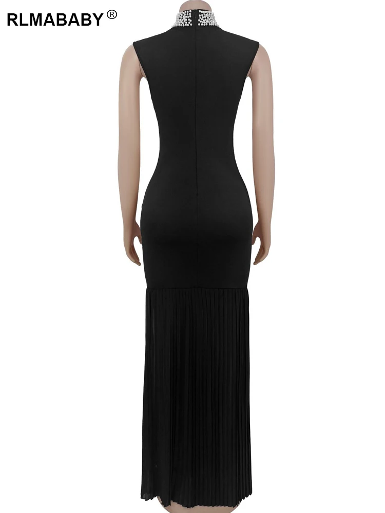 RLMABABY Elegant Splice Ruched Women Black Gown Long Bodycon Dress Pearl  Stand Collar Sleeveless Club Party Sheath Maxi Dress - AliExpress 200000345
