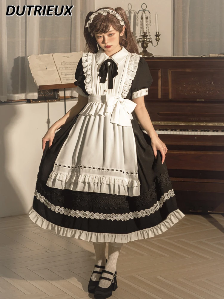 

Original Style Lolita Princess Dresses Daily Halloween Spring Autumn Long Dress Gothic Maid Costume Midi Dress Retro Black Dress