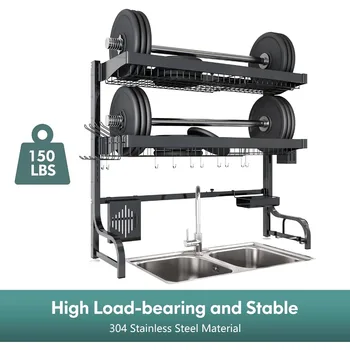 Over Sink Dish Drying Rack, Large 3 Tier 304 Stainless Steel Dish Drainer Organizer for Kitchen Shelf, Expandable Above Sink 4