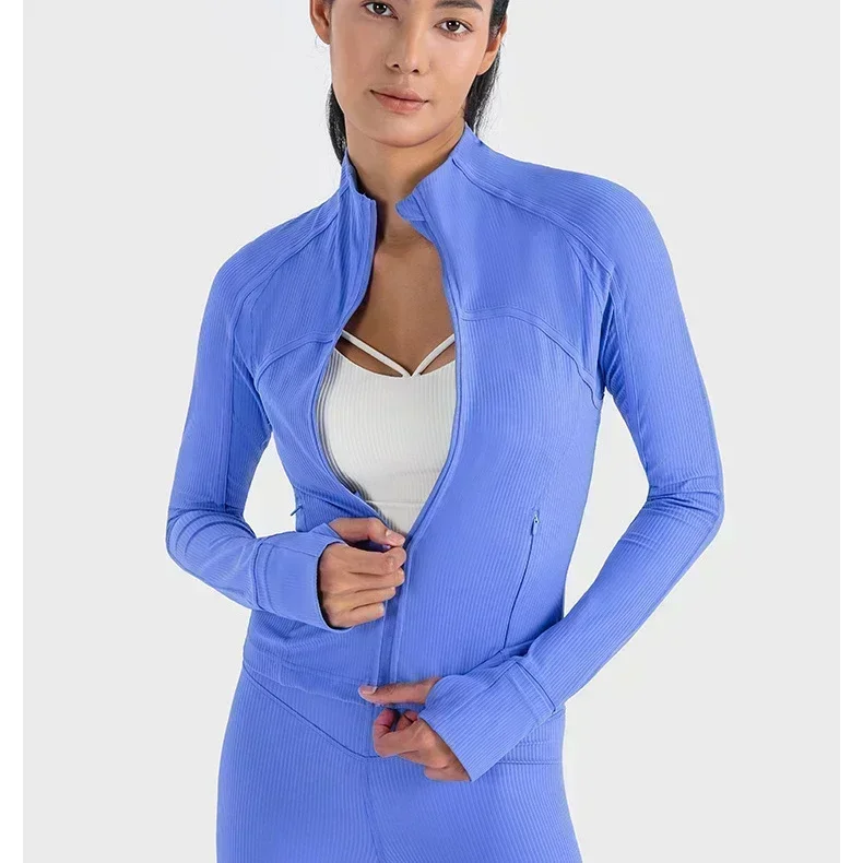 Lemon Women Ribbed Cropped Define Stand Neck Jacket Lightweight Breathable High Elastic Fitness Yoga Coat Tight utdoor Sport Top