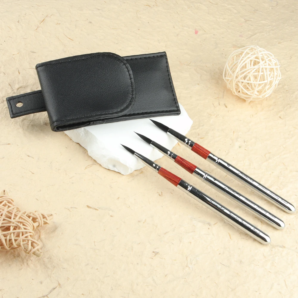 SeamiArt 3pcs/Set Painting Brushes With Portable Pu Brush Bag DivIsible Short Holder Watercolor Journal Paint Brush 4
