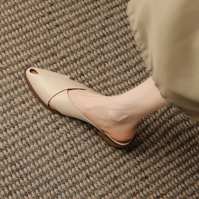 

Summer Slippers Women Genuine Leather Shoes for Women Pointed Toe Low Heel Mules Elegant Sandals Women Slides