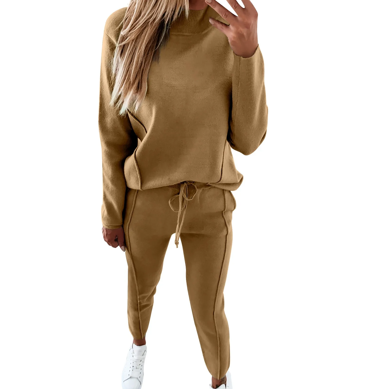 Women's Solid Color Hooded Sports Sweatshirt Set Two Piece Top Pant Round Neck Pants Outfits Interview Outfits