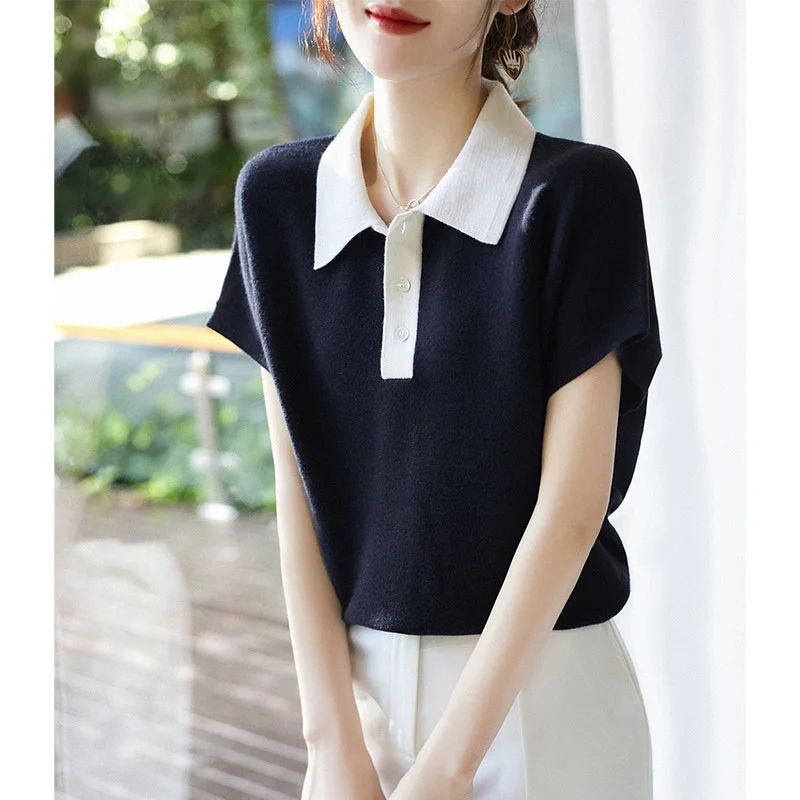 

clearance High-end French jacket foreign trade women's single Italian summer POLO collar short sleeve sweater