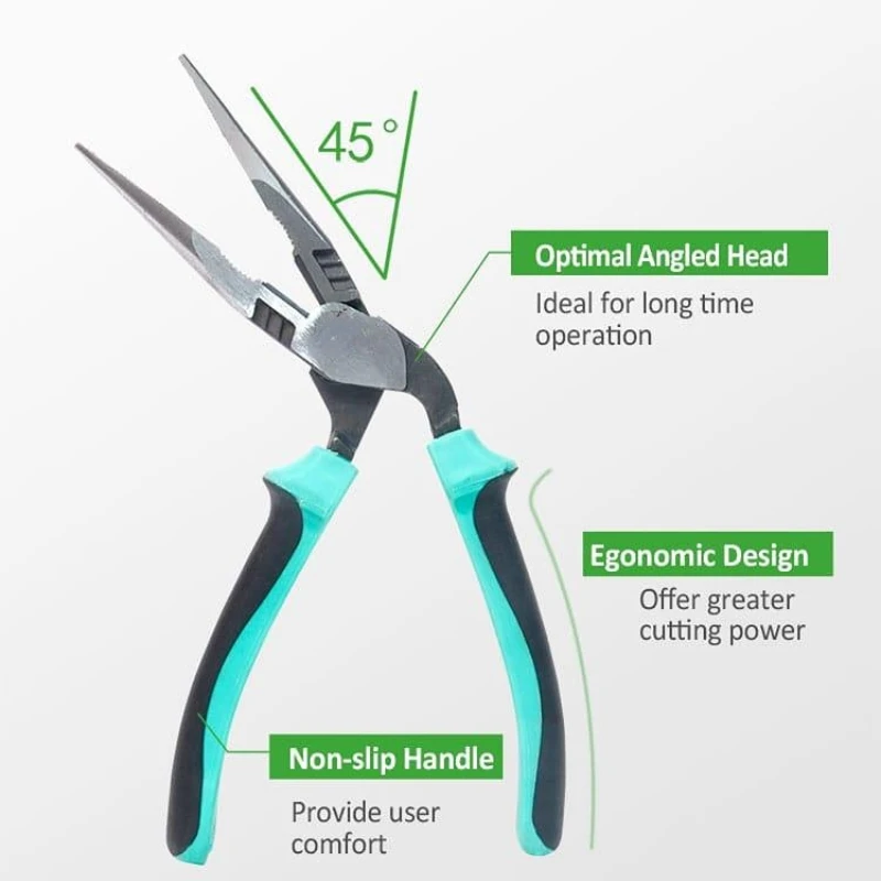 45 Degrees Bending Head Tip Mouth Pliers Province Force Needle Nose Pliers 8''Double Color Long Nose Plier Repair Tools