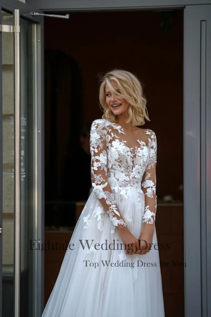 Eightale Elegant Wedding Dress with Long Sleeves Customized Appliques Lace Tulle White Ivory Bridal Gown Vestido De Noiva 5
