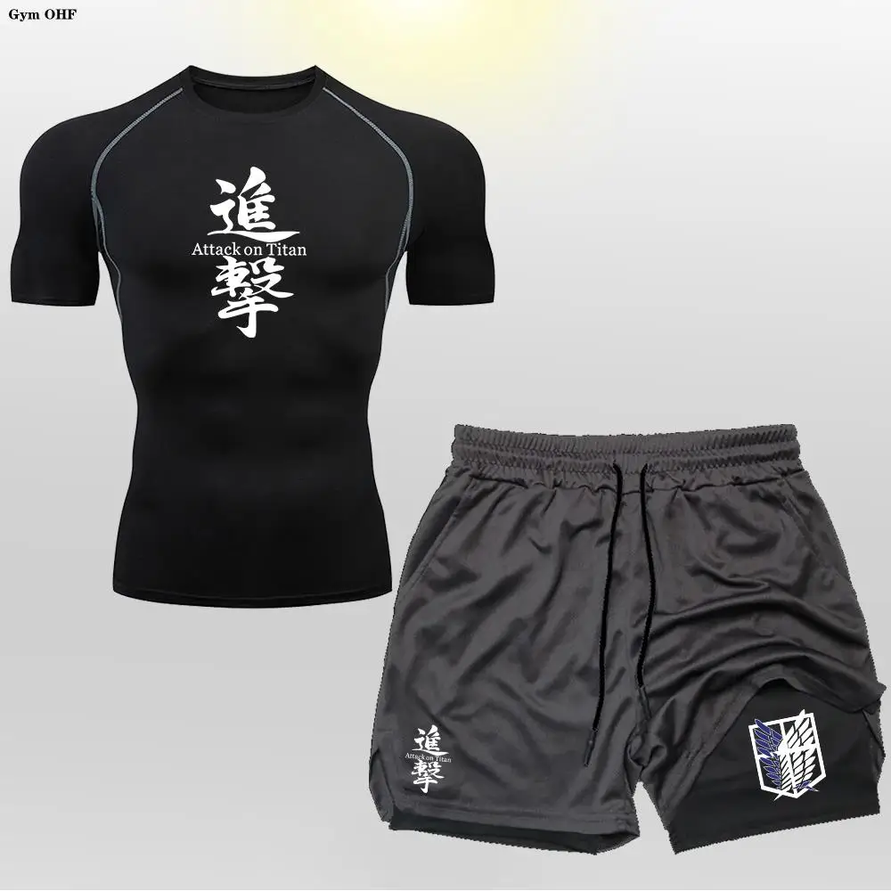 Anime Attack On 2 in 1 Male Quick Dry Sportswear Compression T-Shirt Shorts Men's Running Sports Suit MMA Rashgard Summer Beach 4