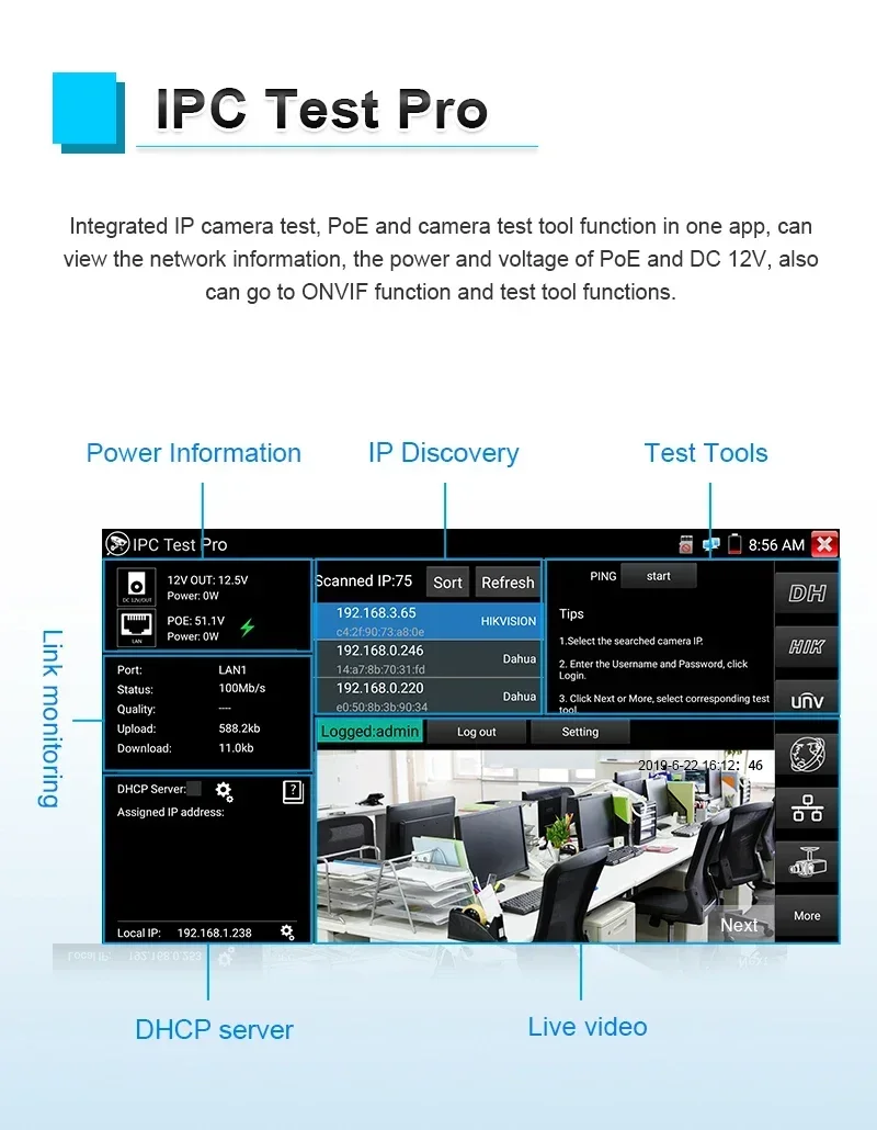IPC-5200/5100 Plus 8MP 4K AHD CVI TVI CVBS IP Camera Test 5.4" IPS Touch Screen