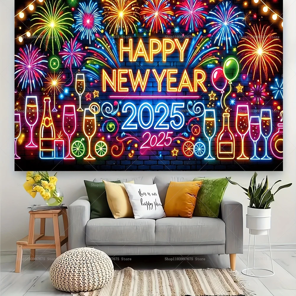 Description Picture 6 of item2025 Happy New Year Photo Backdrop Neon Glow Firework Ballon Graffiti Background Family Eve Party Decor Poster Banner Booth Prop