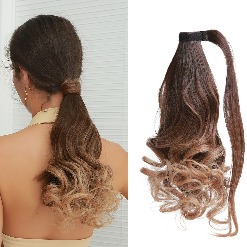 

EASIHAIR Brown Blonde Ombre Ponytail Synthetic Hair Extensions Short Wavy Wrap Around Clip In Pony Hairpiece for Women Daily Use