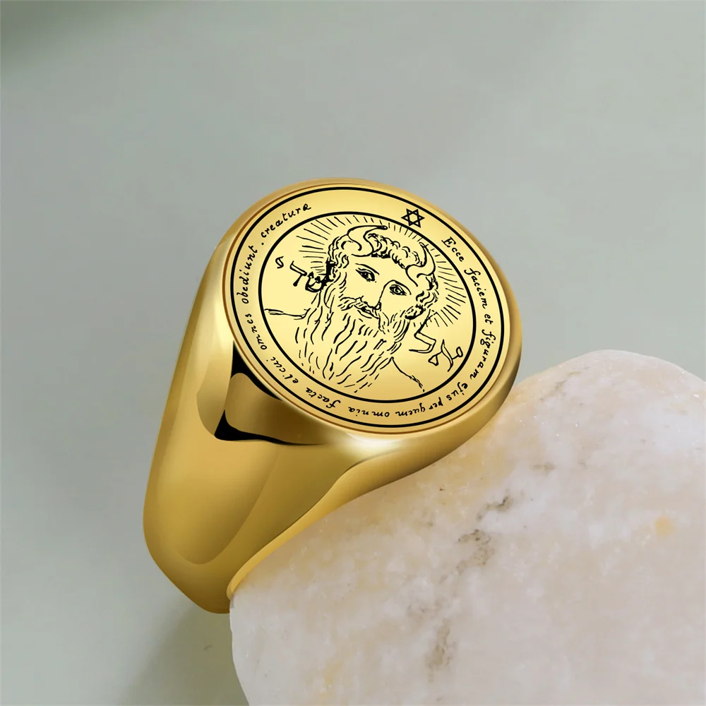 EUEAVAN Stainless Steel Key of Solomon Seal Rings Gold Color The First Pentacle of Sun Men Ring Wealth Good Luck Amulet Jewelry 3