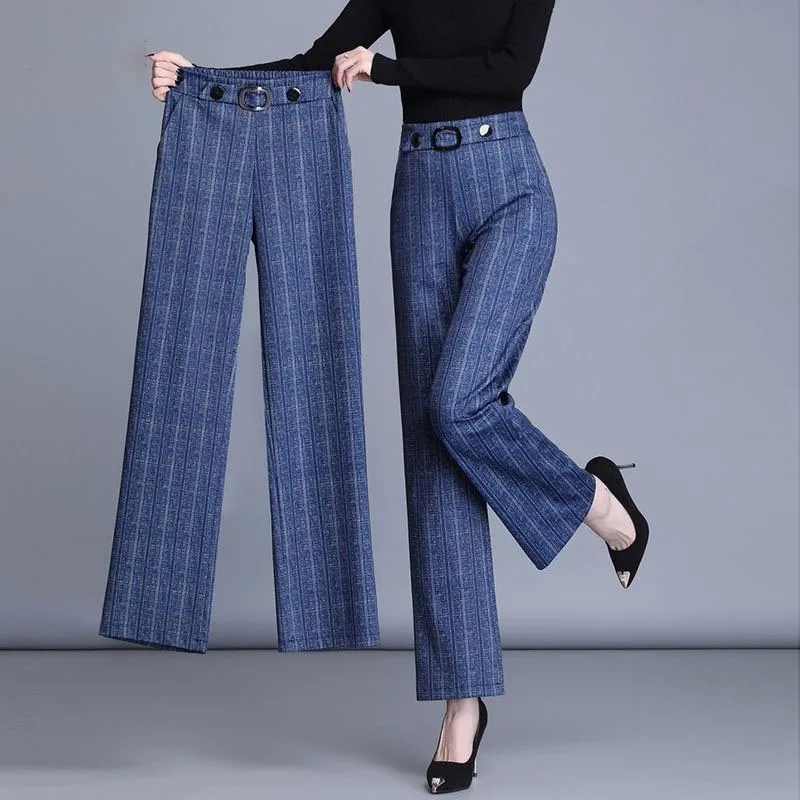 Commuter Elastic High Waist Straight Pants Office Lady Spring Autumn Fashion Elegant Spliced Striped Trousers Women's Clothing shirt pants spring and autumn elastic waist sportswear men s casual youth commuter fashion trousers shirt two piece set