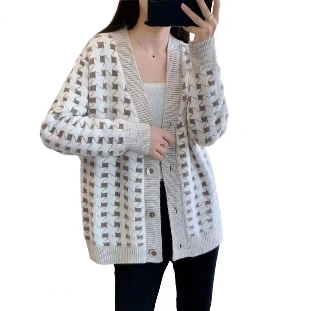 

Women Winter Sweater Jacket Stylish Women's Plaid Print Sweater Cardigan Thick Knitted Coat Jacket with V Neck for Fall/winter