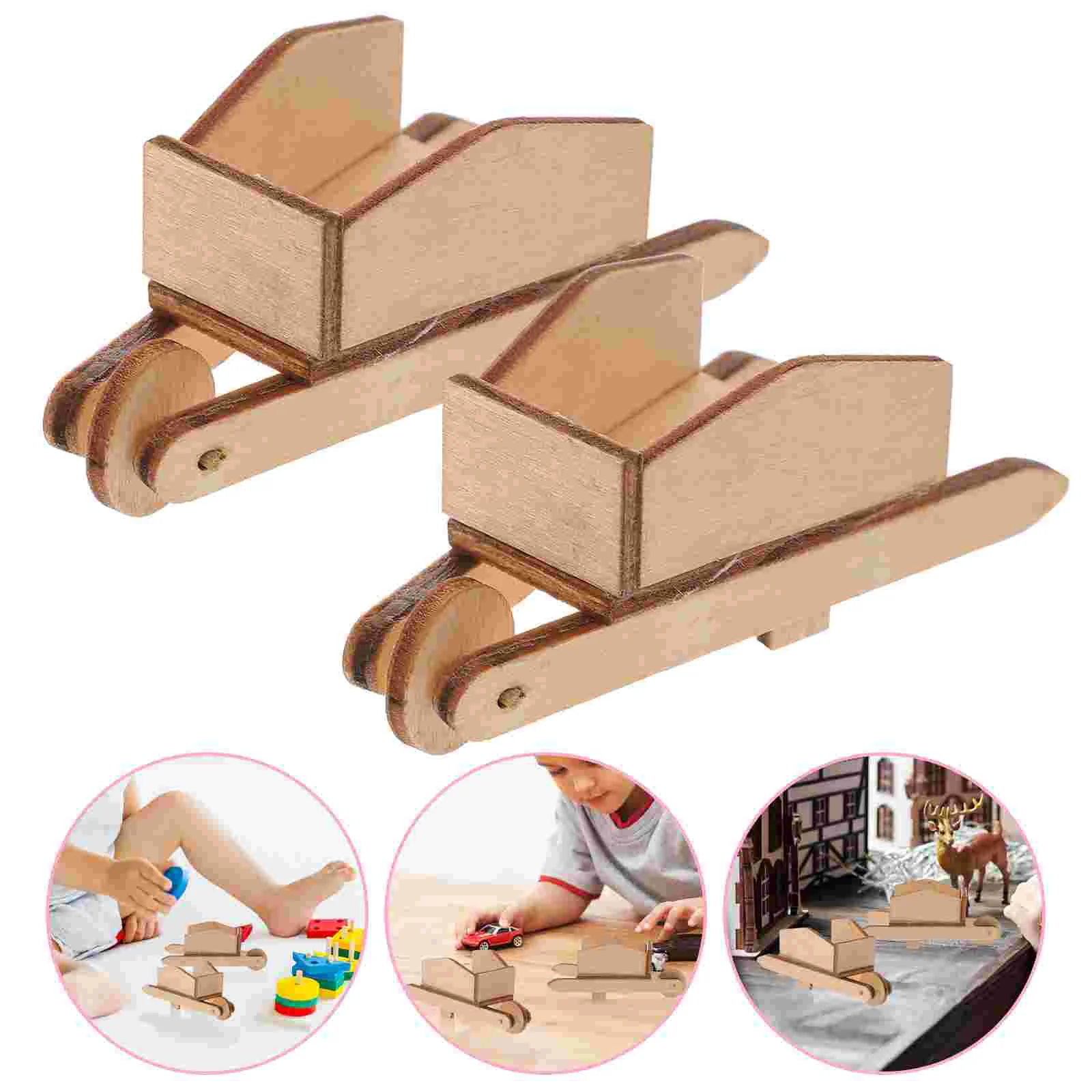 

2 Pcs Mini Cart House Barrows Models Wheelbarrows Miniature Toy Wooden Food Play