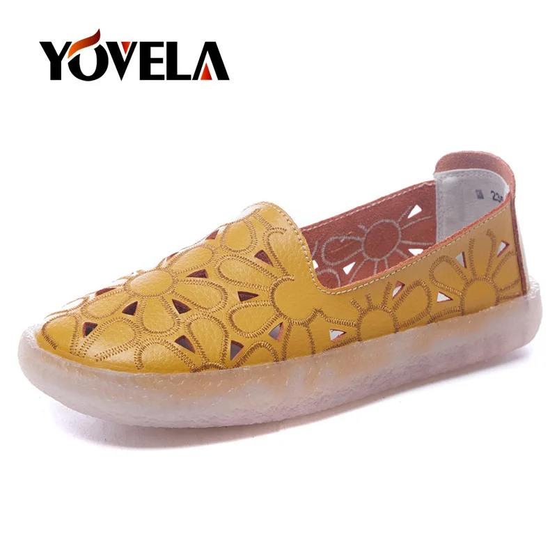 Summer Women Genuine Leather Flat Shoes Cutout Embroider Loafers Ladies Ballet Flats Slip on Oxford Fashion Boat Shoes Big Size women oxford shoes