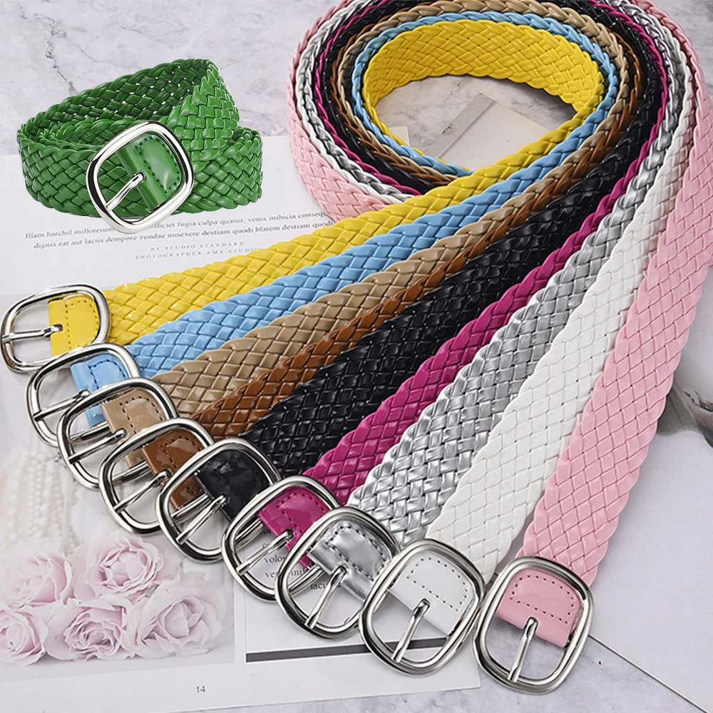 

Fashion Causal PU Leather Braid Waist Strap Waistband For Jeans Dress Braided Bright Color Waist Belt Patent Leather Woven Belts