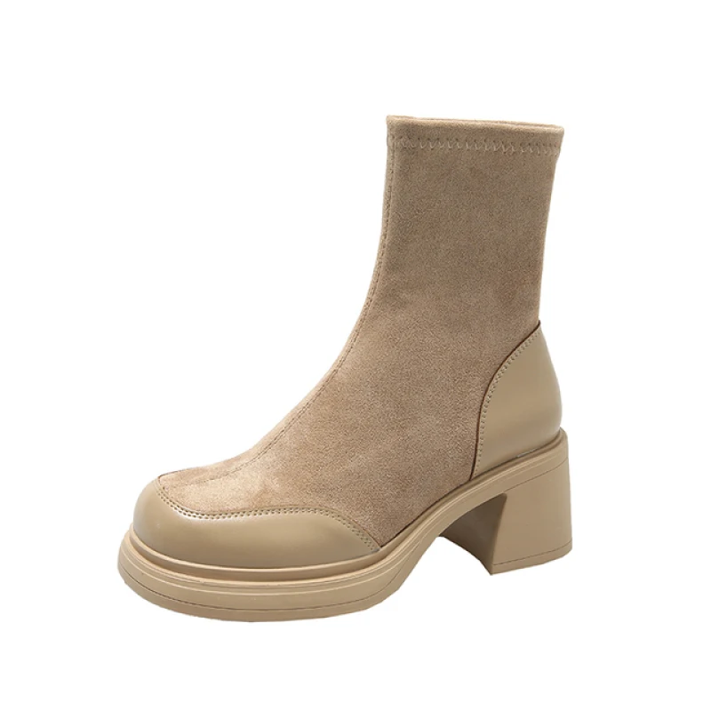 2024 NEW French Chunky High Heels Chelsea Boots Women Winter Shoes New Brand Suede Platform Pumps Slip-On Motorcycle Ankle Boot