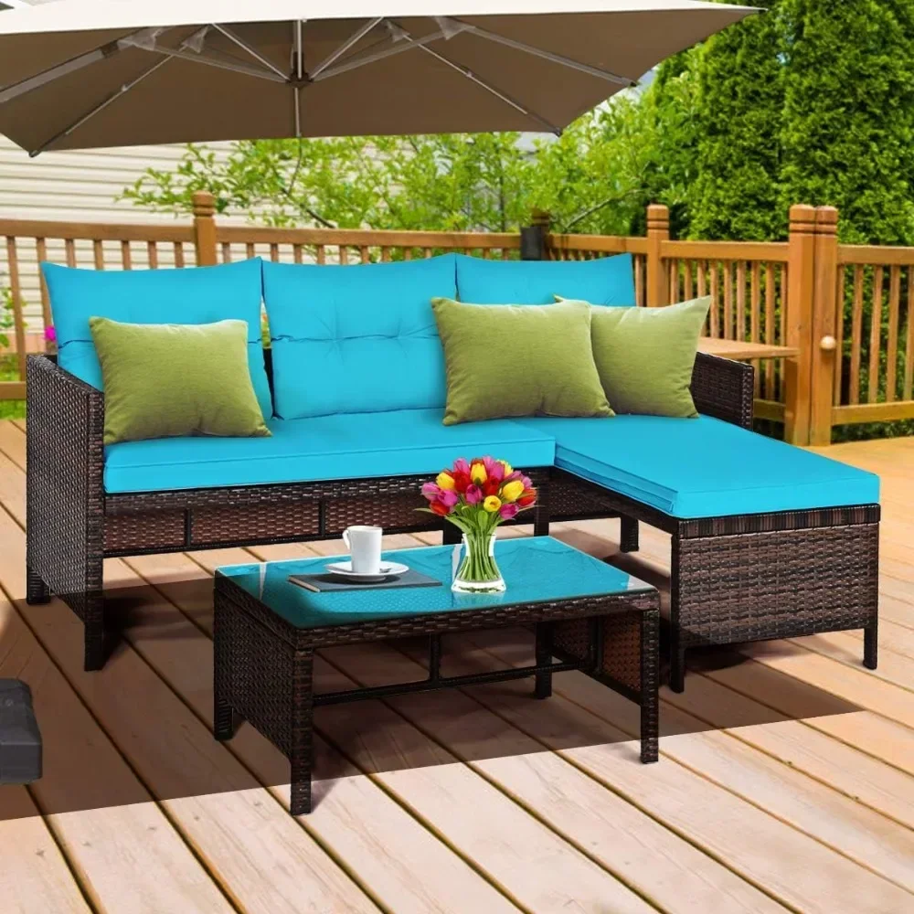 Patio Corner Sofa Set 3 Piece, Outdoor Rattan Sofa Set, Includes Lounge Chaise, Loveseat & Coffee Table, Patio Garden Poolside 2